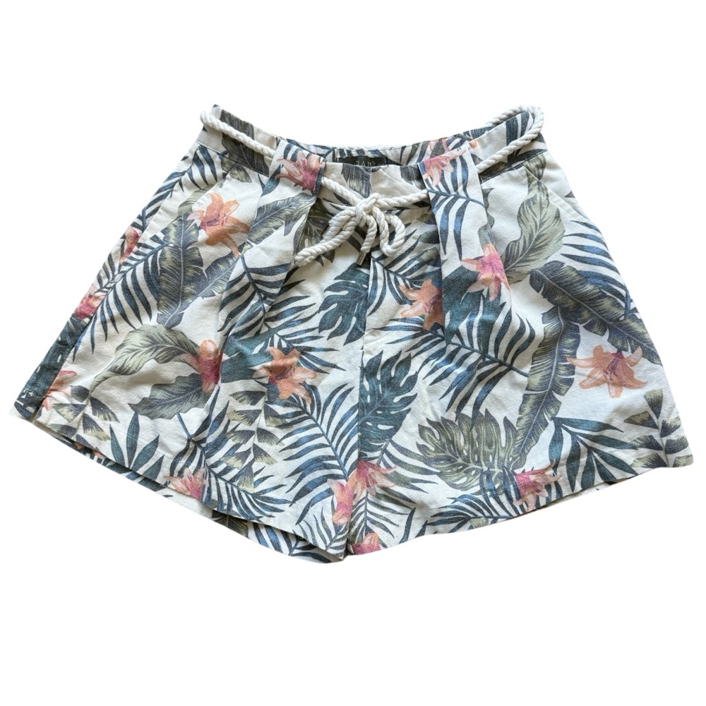 Balu Tropical Print Linen Shorts High Waist Rope Tie Resort Vacation Coastal 26